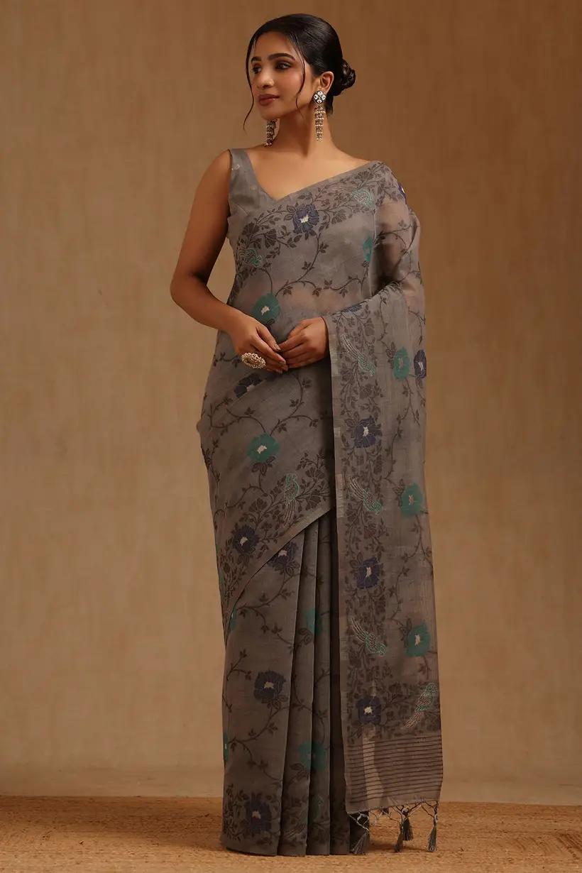 Grey Chanderi Woven Design Saree